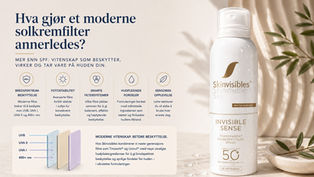 Skinvisibles Invisible Sense SPF 50+ med infografikk som illustrerer bredspektret UV-beskyttelse, fotostabilitet, avanserte filtersystemer og hudpleiende fordeler.