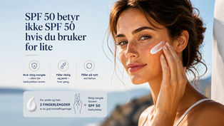 Kvinne som påfører solkrem i ansiktet, som illustrerer betydningen av å bruke tilstrekkelig mengde SPF for å oppnå angitt beskyttelse.